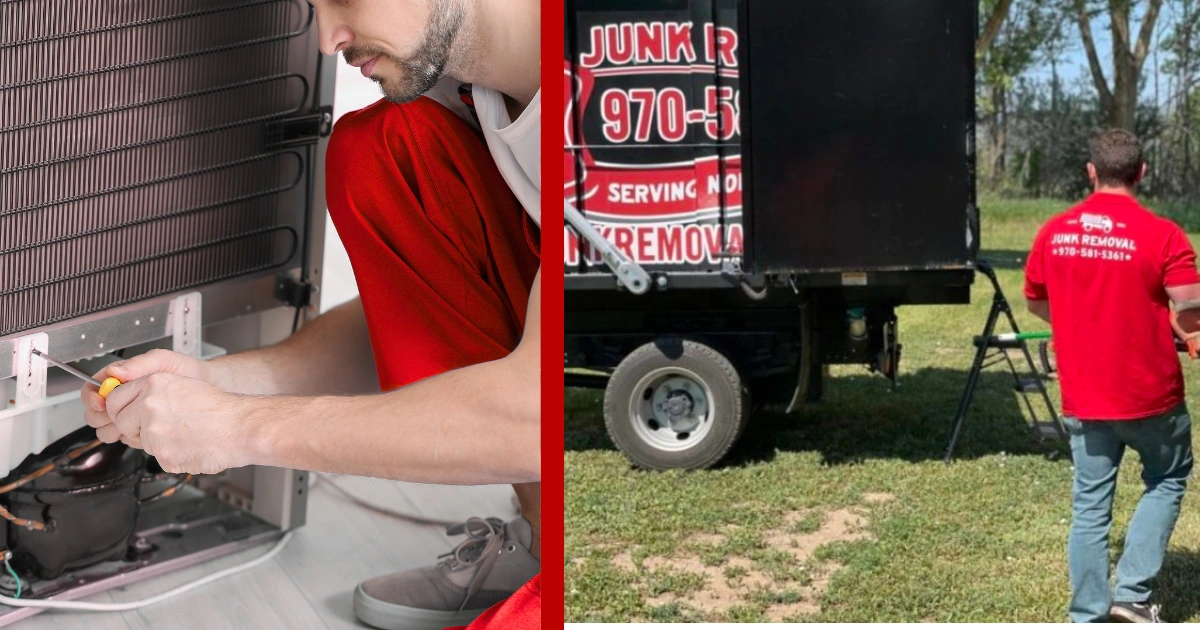 Technician safely removing appliance components as part of a refrigerator disposal service Longmont